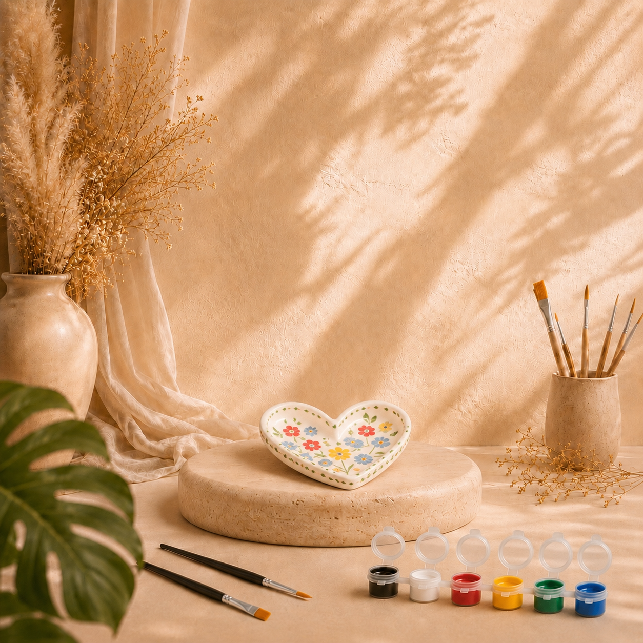 Bemalte Herzschale mit Kerzenhalter als DIY Keramik-Gips-Set mit Farben und Pinseln
