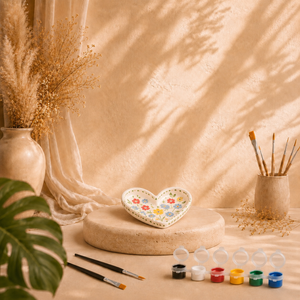 Bemalte Herzschale mit Kerzenhalter als DIY Keramik-Gips-Set mit Farben und Pinseln