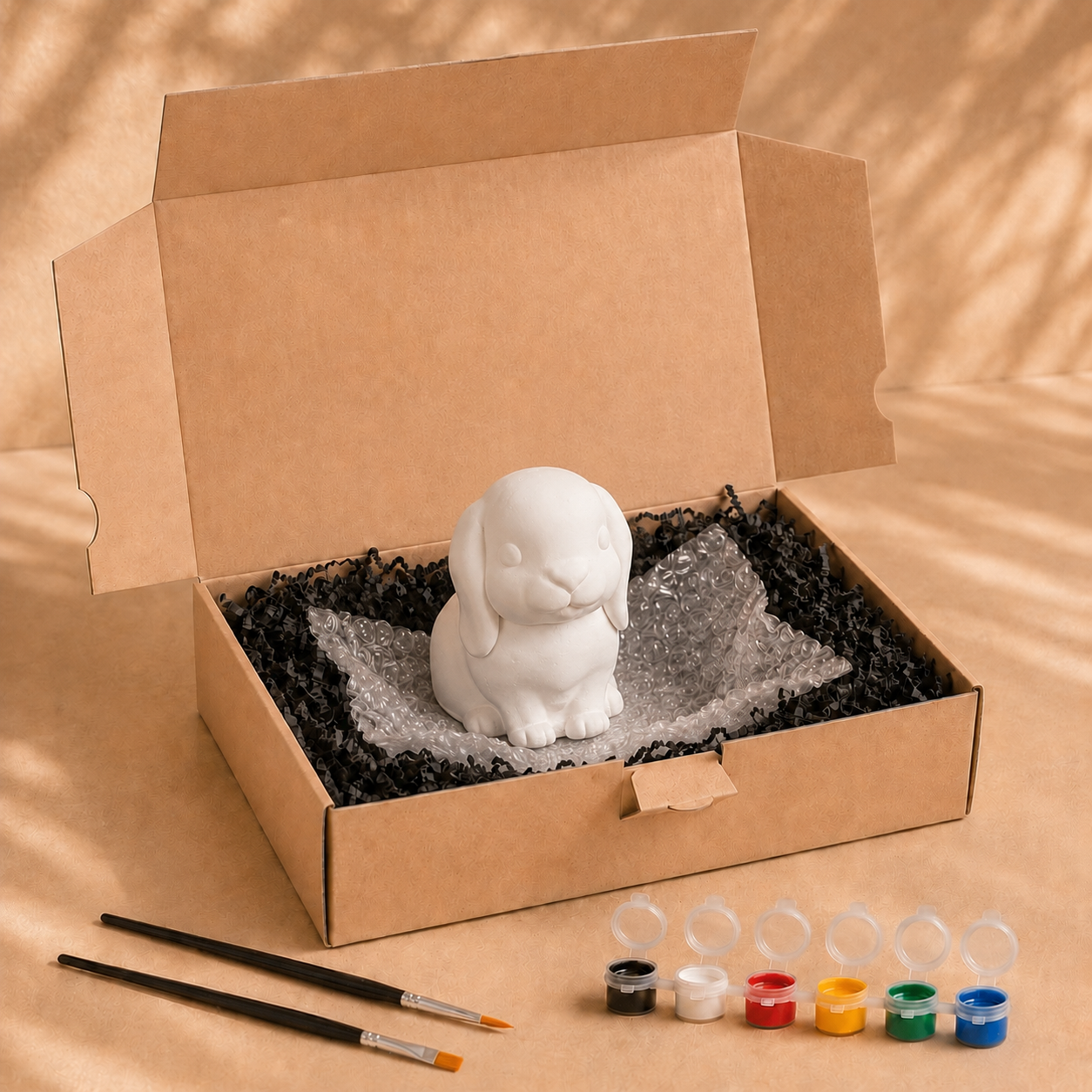 Lieferumfang des Hasen zum Bemalen mit Farben, Pinseln und Verpackung