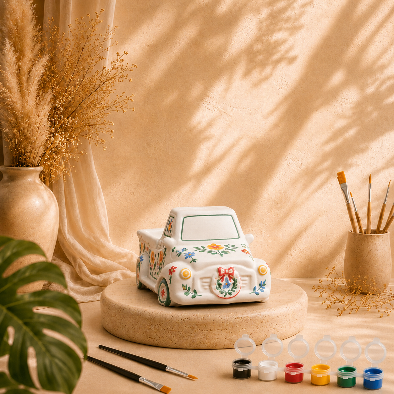 Bemaltes Auto als DIY Keramik-Gips-Set mit Farben und Pinseln