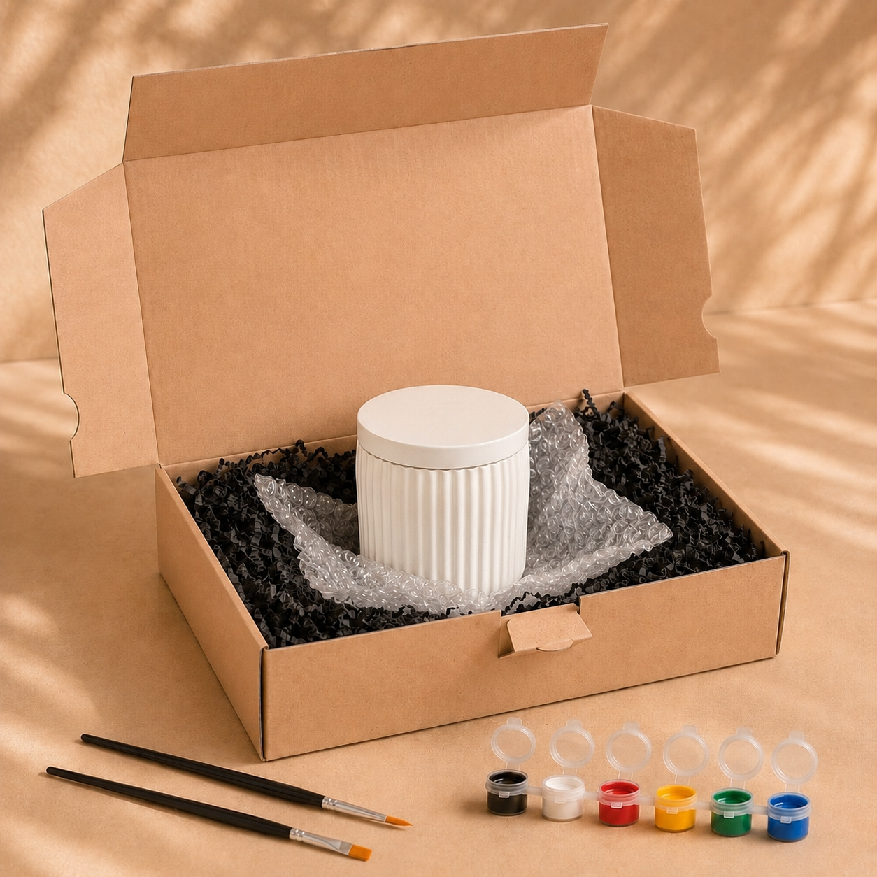 Lieferumfang der Rillendose zum Bemalen mit Farben, Pinseln und Verpackung