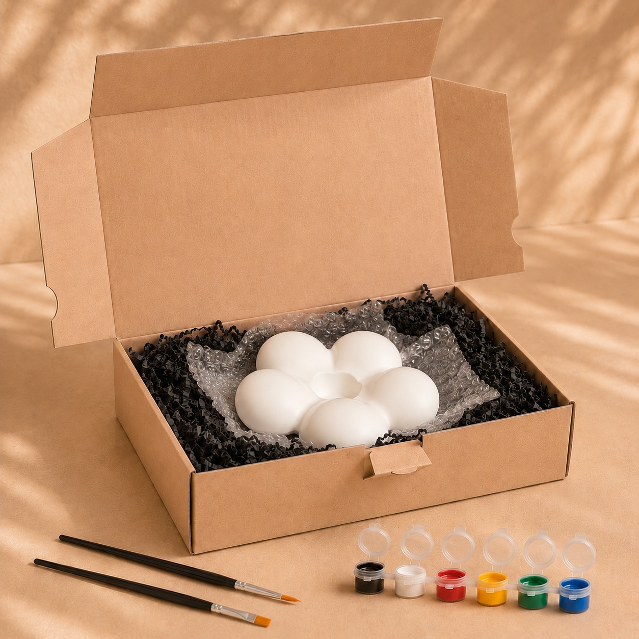 Lieferumfang der Bubble-Kerzenhalter zum Bemalen mit Farben, Pinseln und Verpackung
