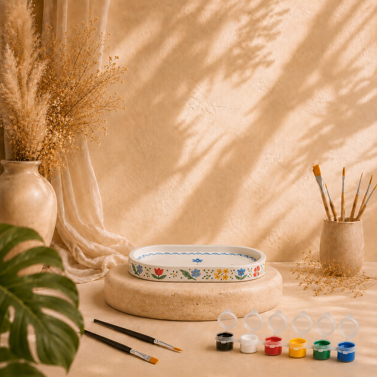 Bemaltes ovales Dekotablett als DIY Keramik-Gips-Set mit Farben und Pinseln