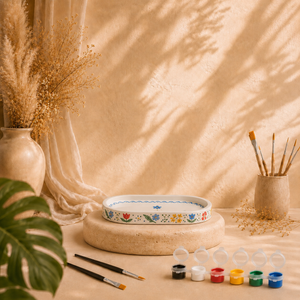 Bemaltes ovales Dekotablett als DIY Keramik-Gips-Set mit Farben und Pinseln