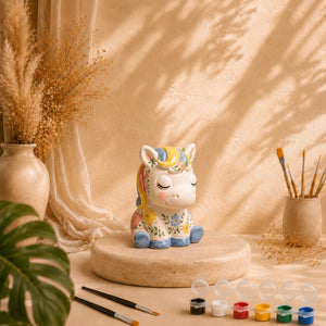 Bemaltes Pony als DIY Keramik-Gips-Set mit Farben und Pinseln