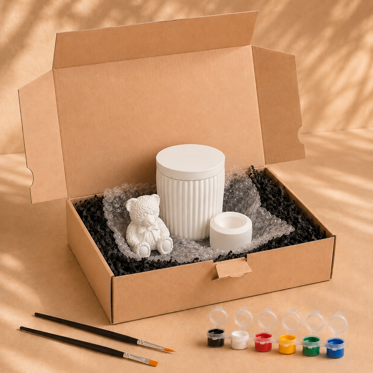 Lieferumfang der Teddy-Dose zum Bemalen mit Farben, Pinseln und Verpackung