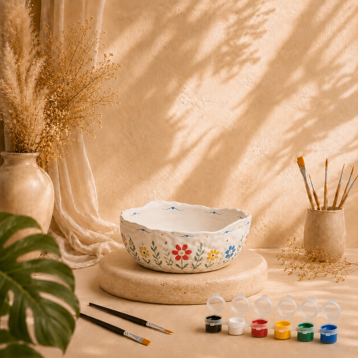 Bemalte Dekoschale als DIY Keramik-Gips-Set mit Farben und Pinseln