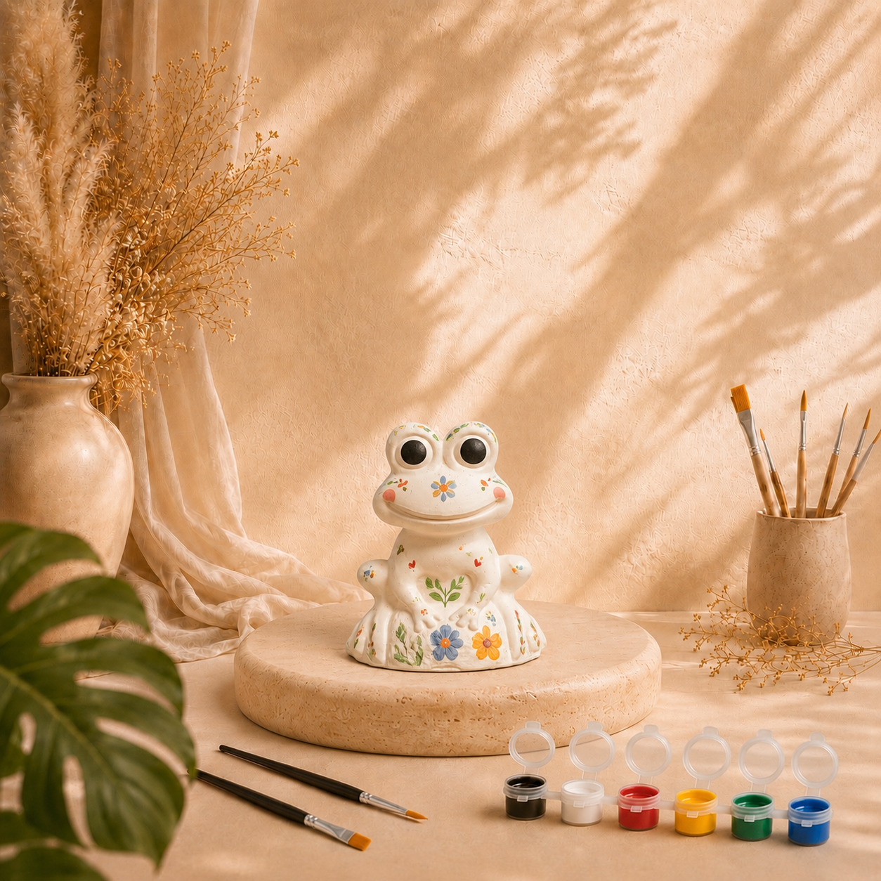 Bemalter Frosch mit Herz als DIY Keramik-Gips-Set mit Farben und Pinseln