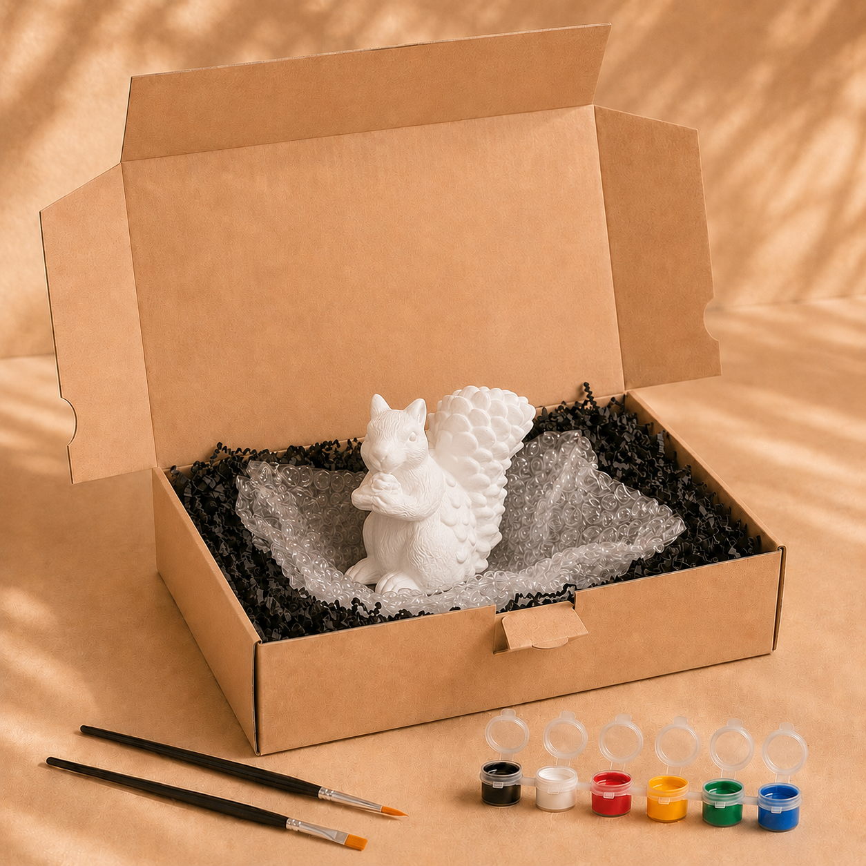 Lieferumfang des Eichhörnchens zum Bemalen mit Farben, Pinseln und Verpackung