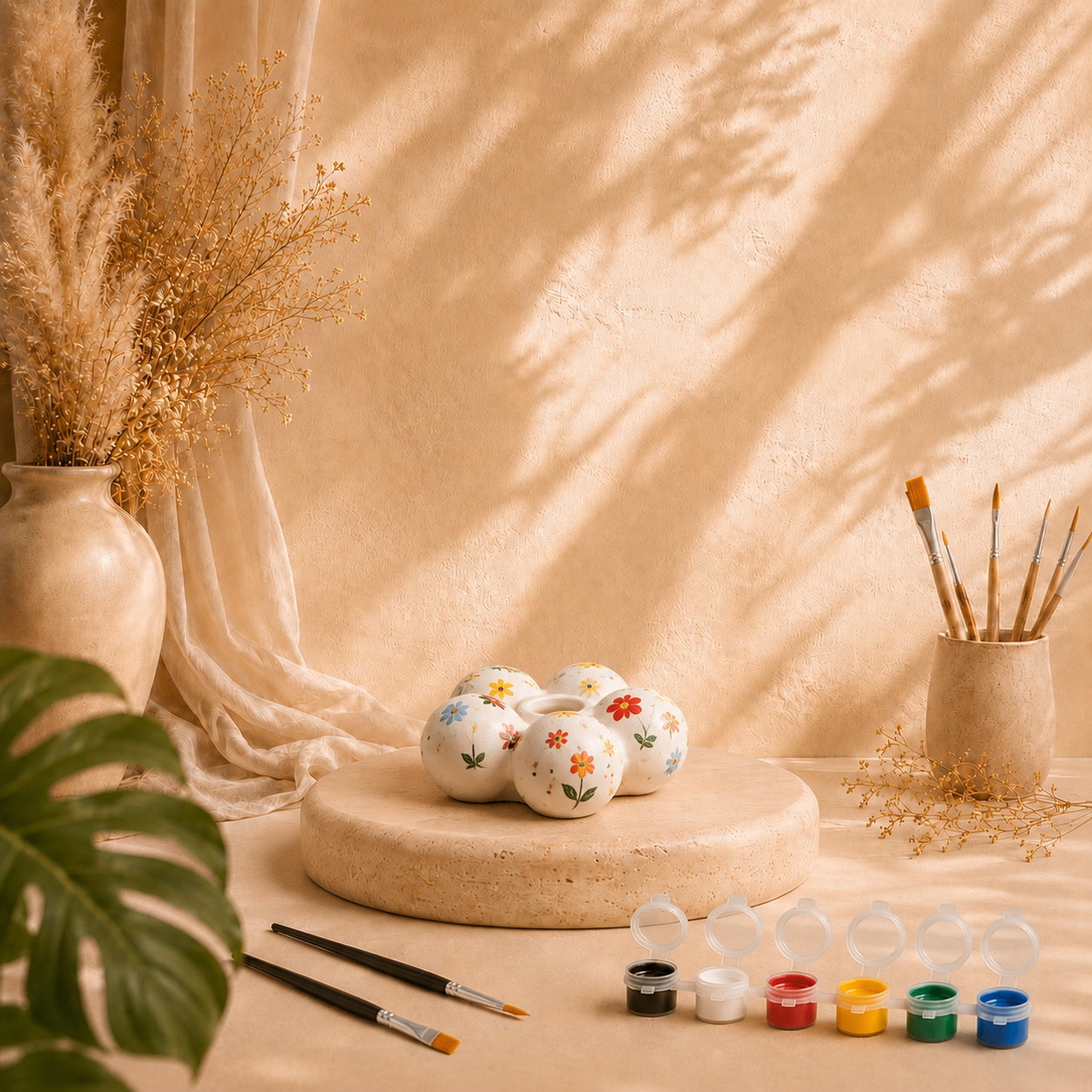 Bemalte Bubble-Kerzenhalter als DIY Keramik-Gips-Set mit Farben und Pinseln