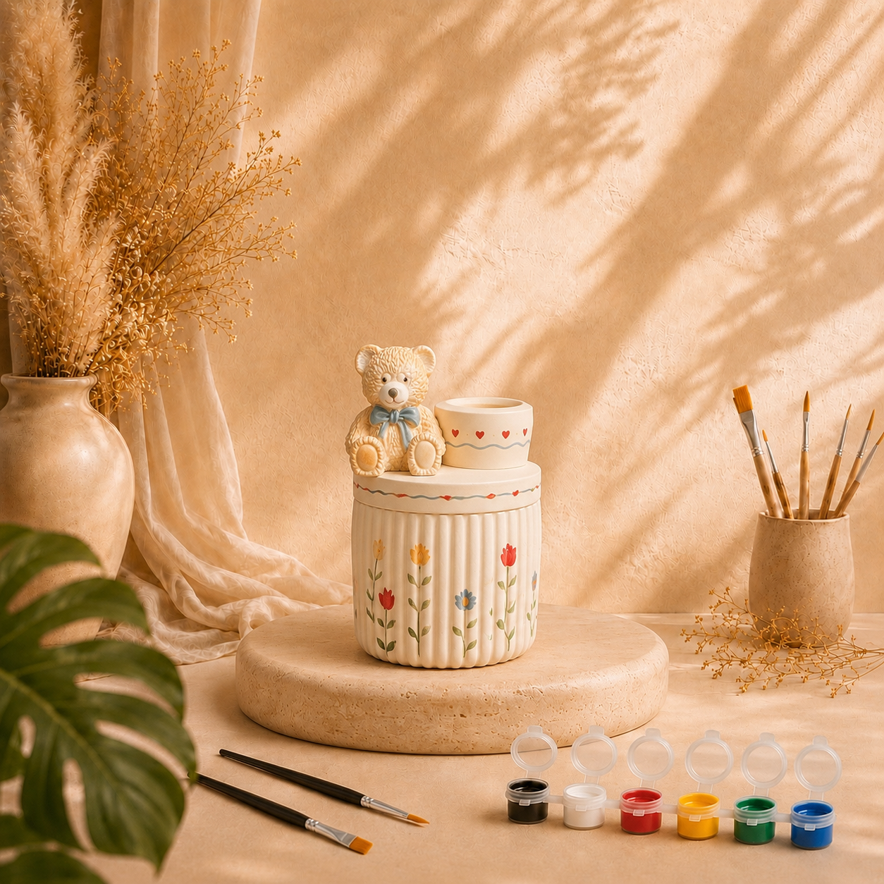 Bemalte Teddy-Dose als DIY Keramik-Gips-Set mit Farben und Pinseln