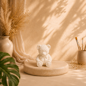 Weißer Teddy mit Schleife aus Keramik-Gips zum Bemalen auf dekorativem Podest