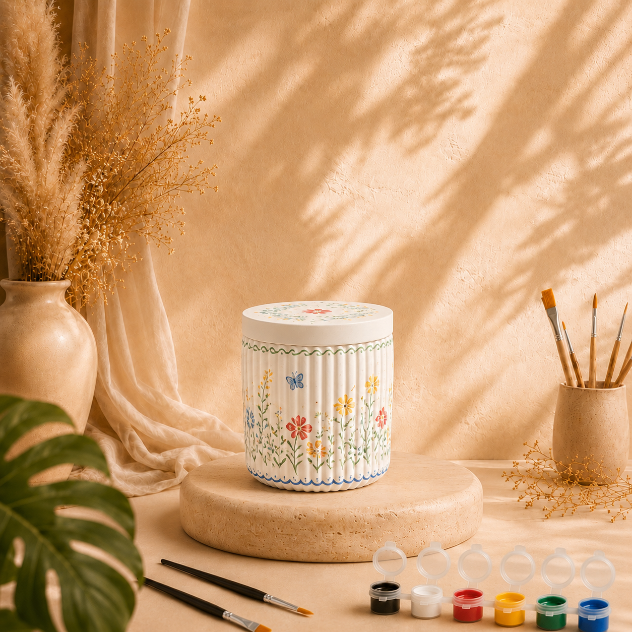 Bemalte Rillendose als DIY Keramik-Gips-Set mit Farben und Pinseln