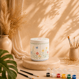 Bemalte Rillendose als DIY Keramik-Gips-Set mit Farben und Pinseln
