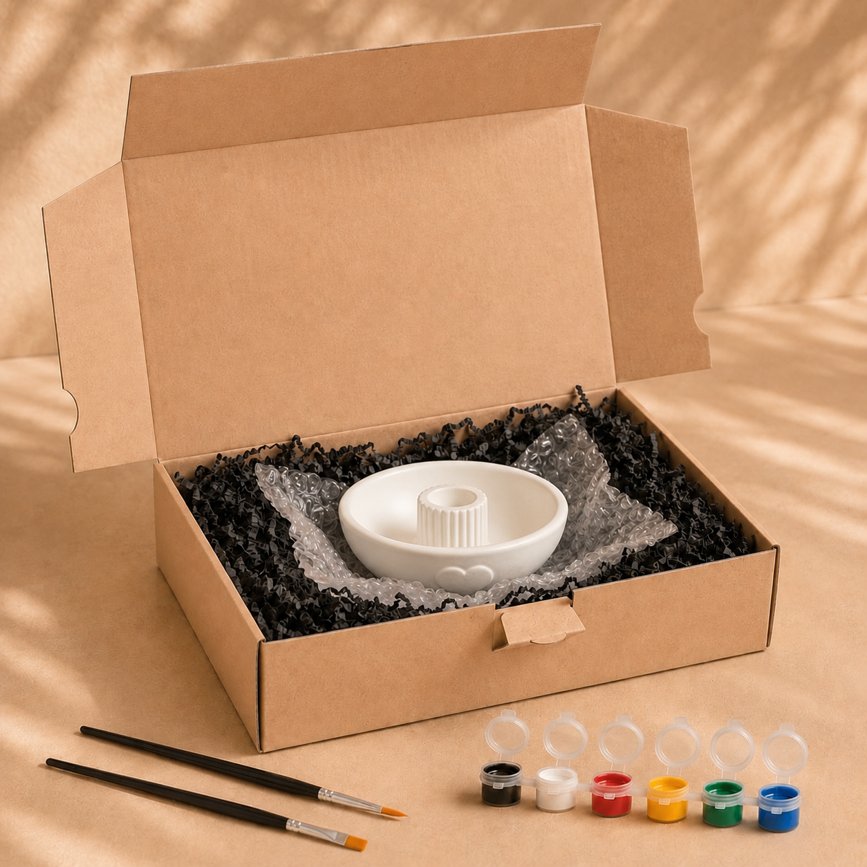 Lieferumfang der Herzschale zum Bemalen mit Farben, Pinseln und Verpackung