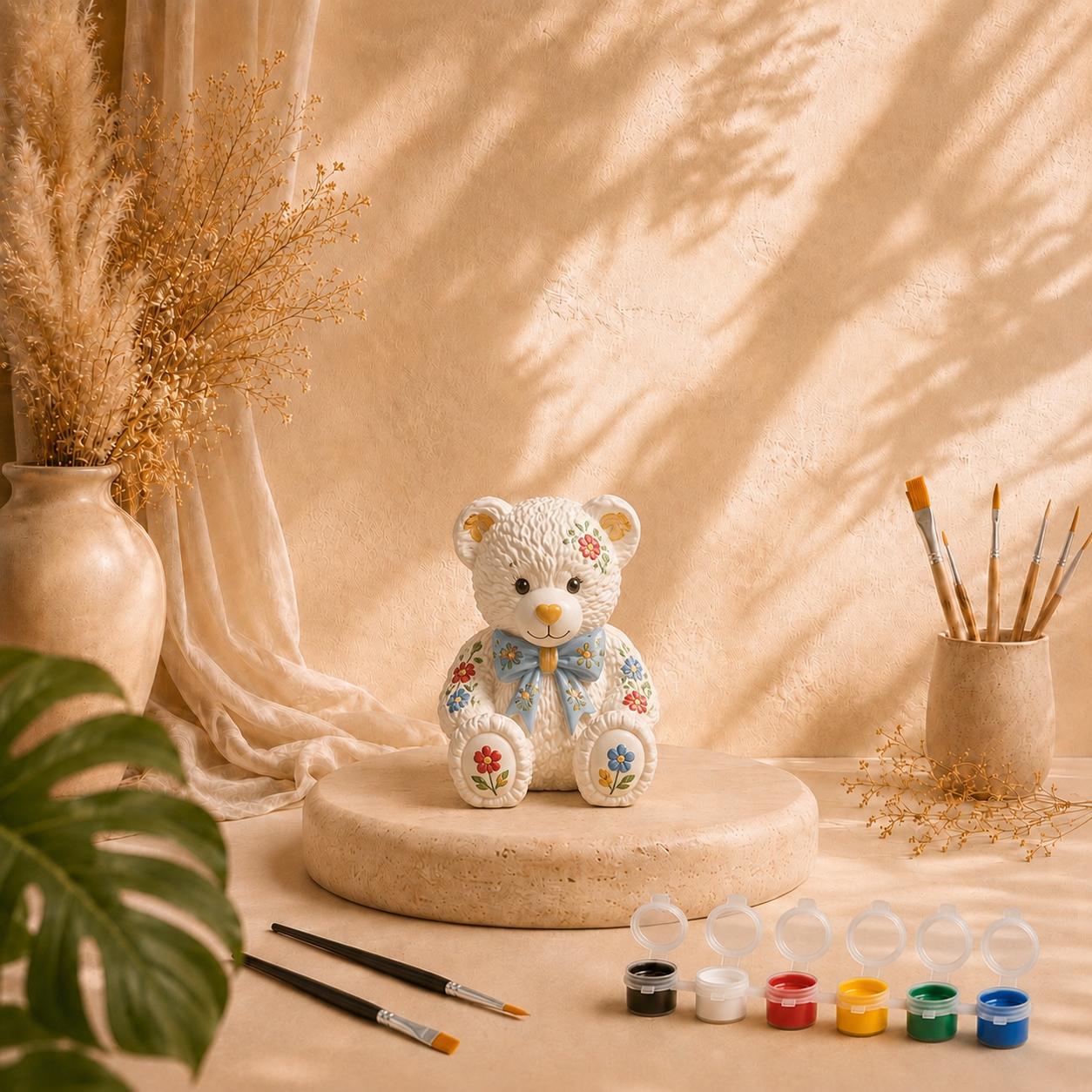 Bemalter Teddy mit Schleife als DIY Keramik-Gips-Set mit Farben und Pinseln