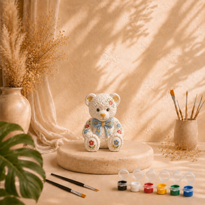 Bemalter Teddy mit Schleife als DIY Keramik-Gips-Set mit Farben und Pinseln