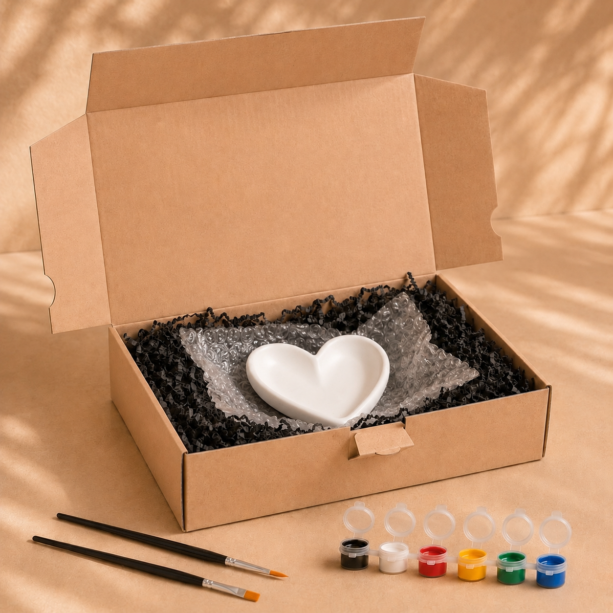 Lieferumfang der Herzschale zum Bemalen mit Farben, Pinseln und Verpackung