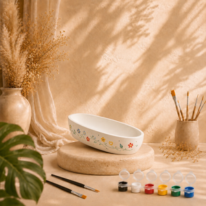 Bemalte ovale Dekoschale als DIY Keramik-Gips-Set mit Farben und Pinseln
