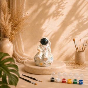 Bemalter Astronaut auf Mond als DIY Keramik-Gips-Set mit Farben und Pinseln