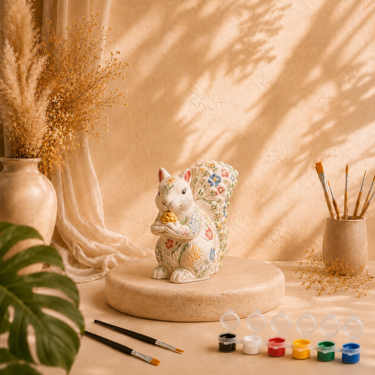 Bemaltes Eichhörnchen als DIY Keramik-Gips-Set mit Farben und Pinseln