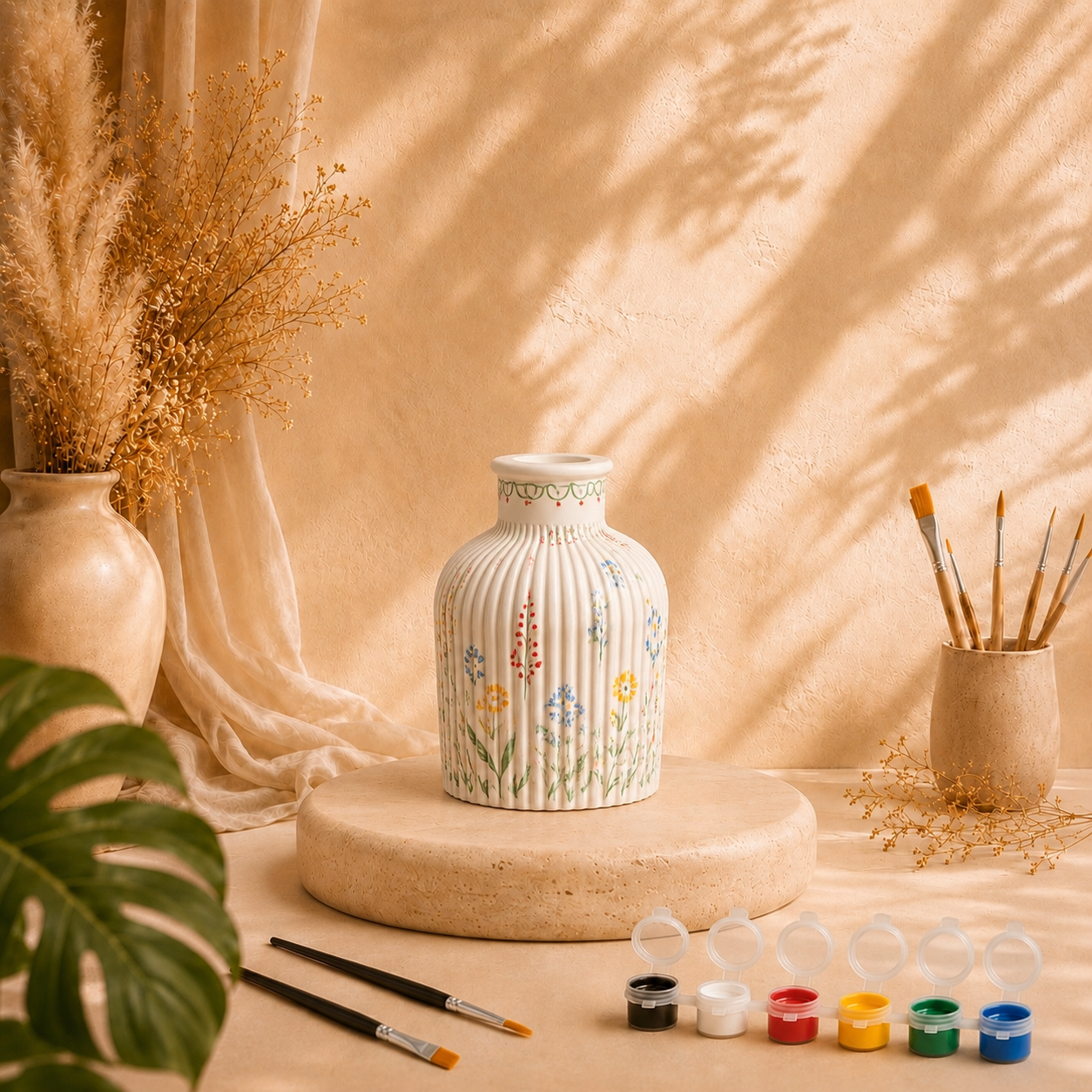 Bemalte Rillenvase als DIY Keramik-Gips-Set mit Farben und Pinseln