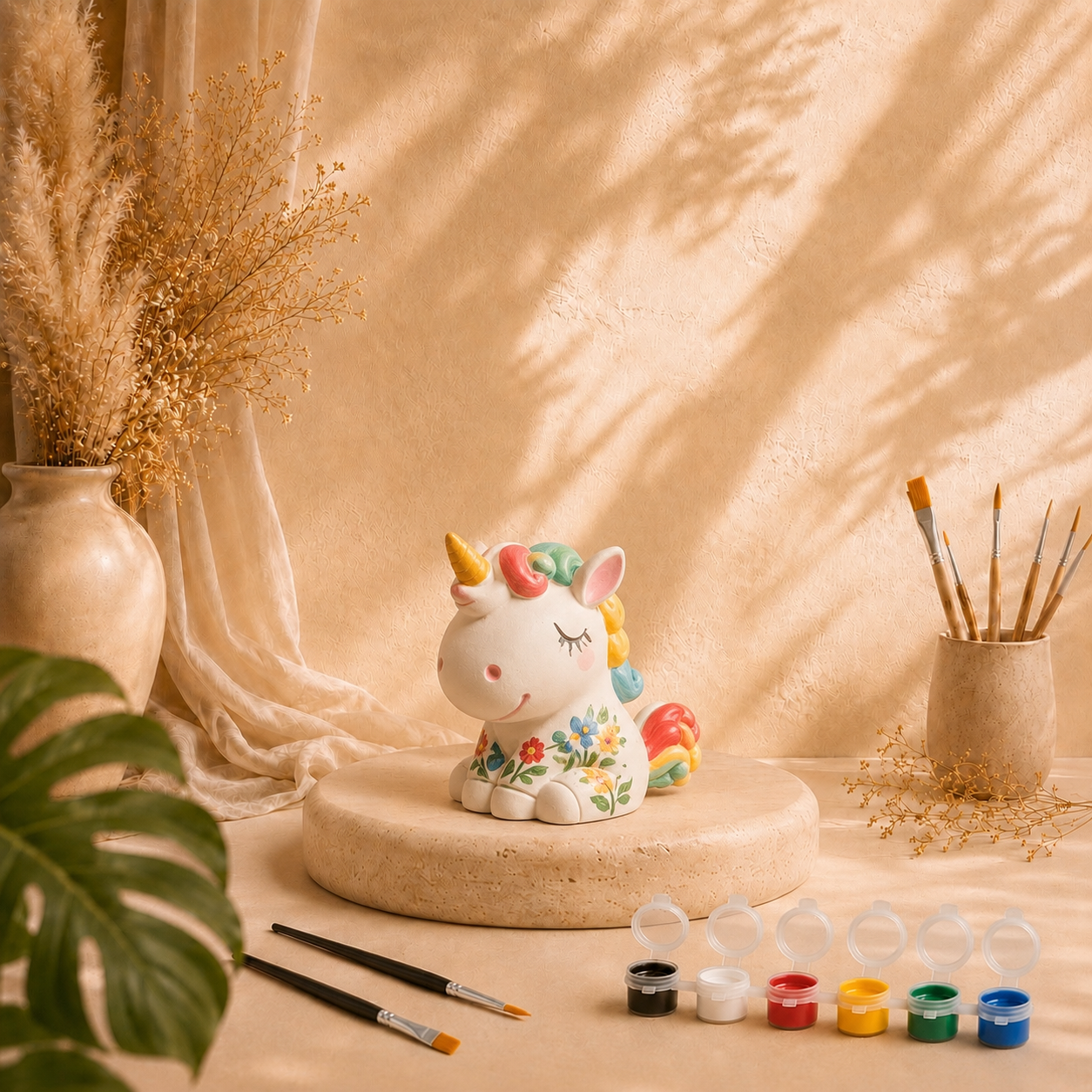 Bemaltes Einhorn als DIY Keramik-Gips-Set mit Farben und Pinseln