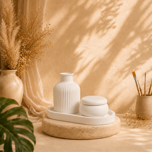 Weißes Deko-Set mit Vase, Dose und Tablett aus Keramik-Gips zum Bemalen