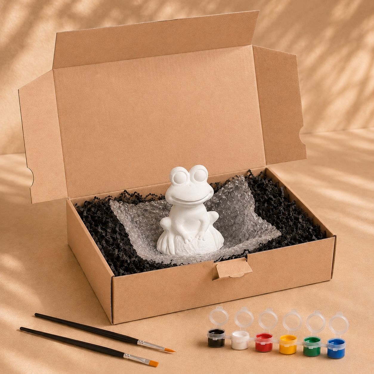 Lieferumfang des Froschs mit Herz zum Bemalen mit Farben, Pinseln und Verpackung