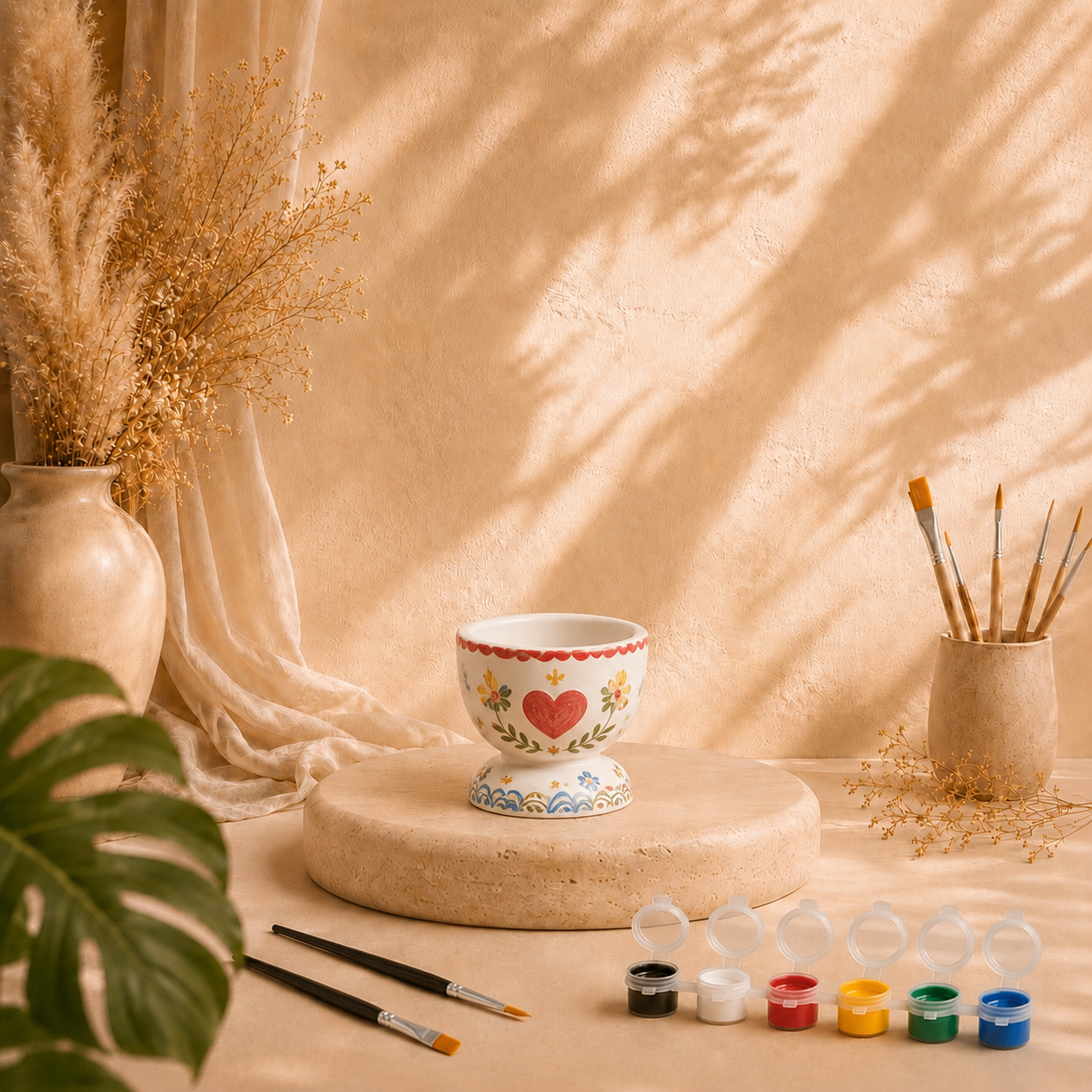 Bemalter Deko-Becher mit Herz als DIY Keramik-Gips-Set mit Farben und Pinseln