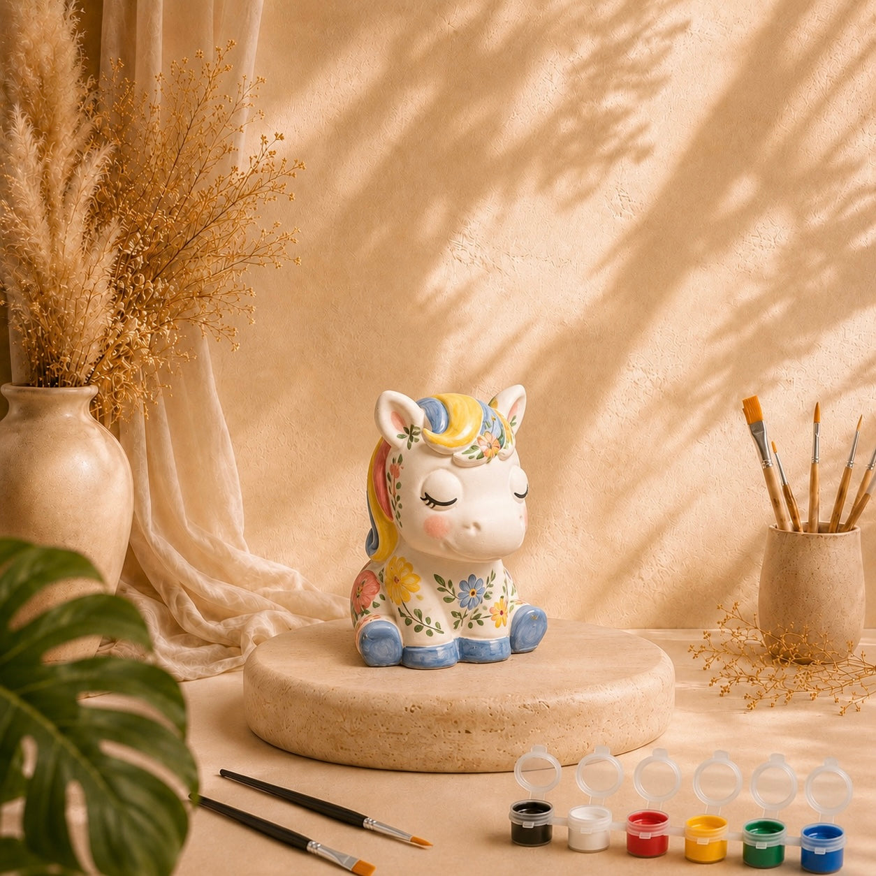 Bemaltes Pony als DIY Keramik-Gips-Set mit Farben und Pinseln
