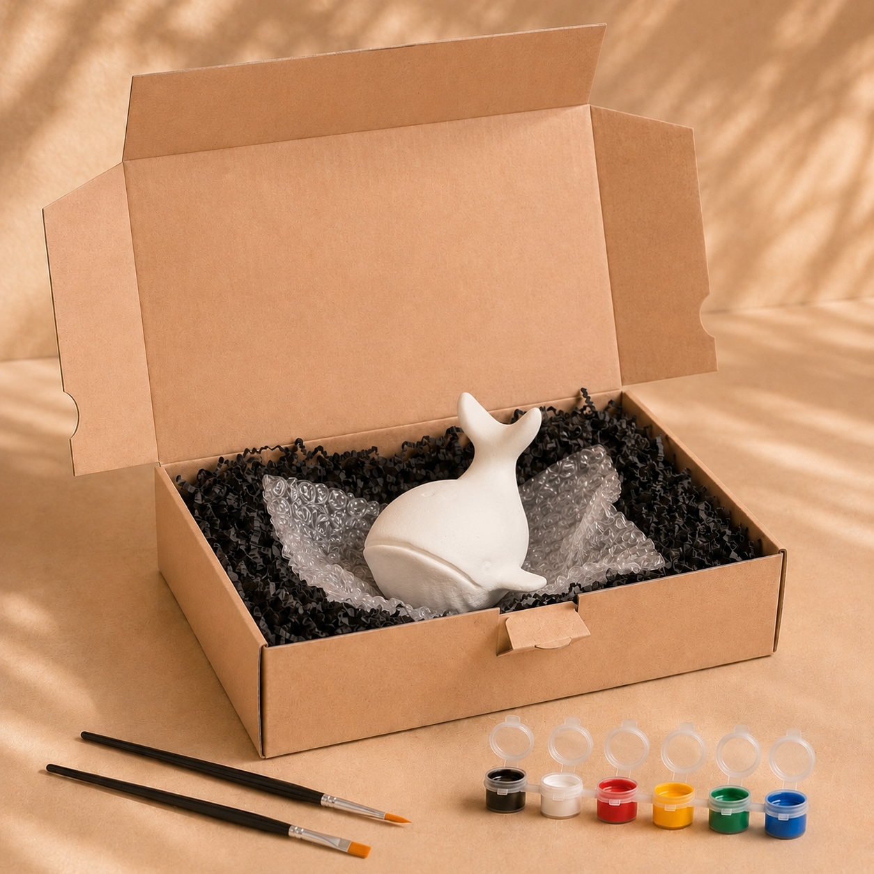 Lieferumfang des Wals zum Bemalen mit Farben, Pinseln und Verpackung