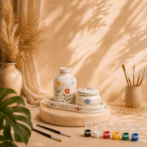 Bemaltes Deko-Set als DIY Keramik-Gips-Set mit Vase, Dose, Tablett, Farben und Pinseln