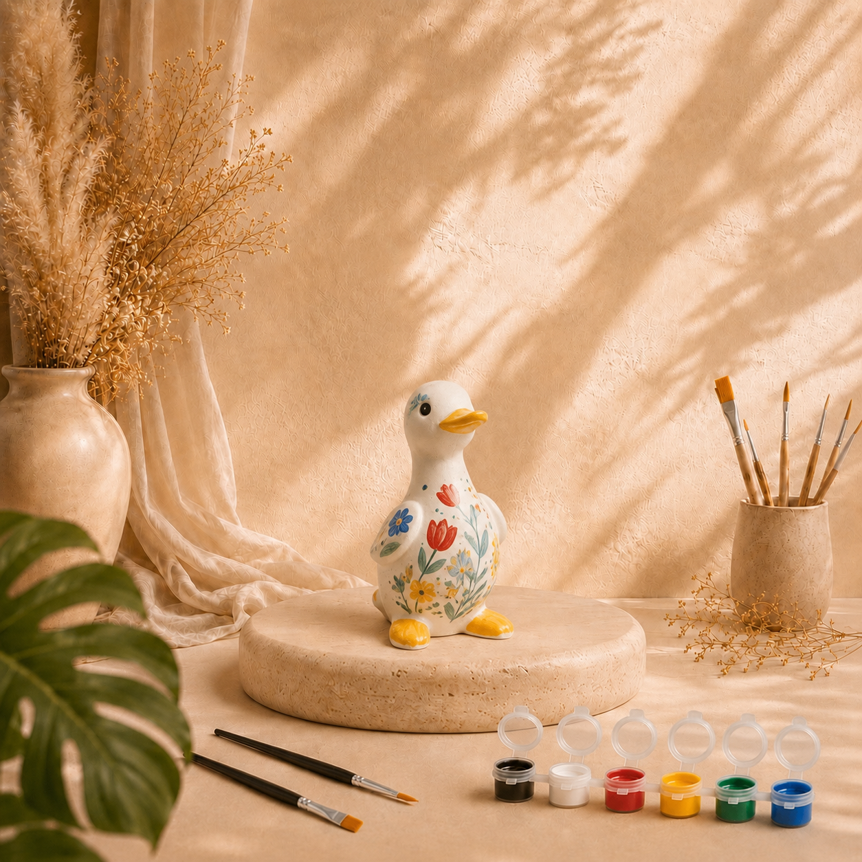 Bemalte Ente als DIY Keramik-Gips-Set mit Farben und Pinseln