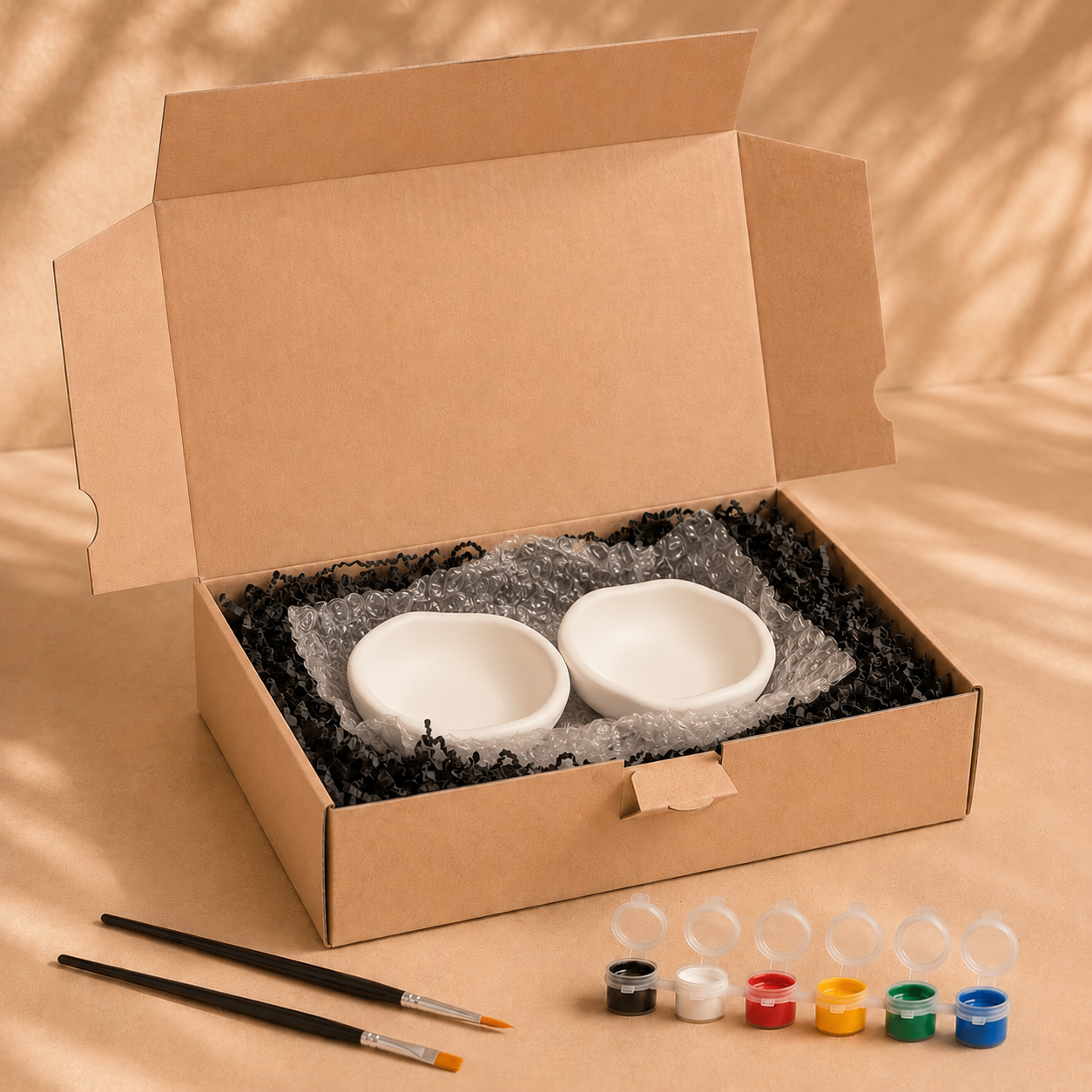 Lieferumfang des Schalen-Sets zum Bemalen mit Farben, Pinseln und Verpackung